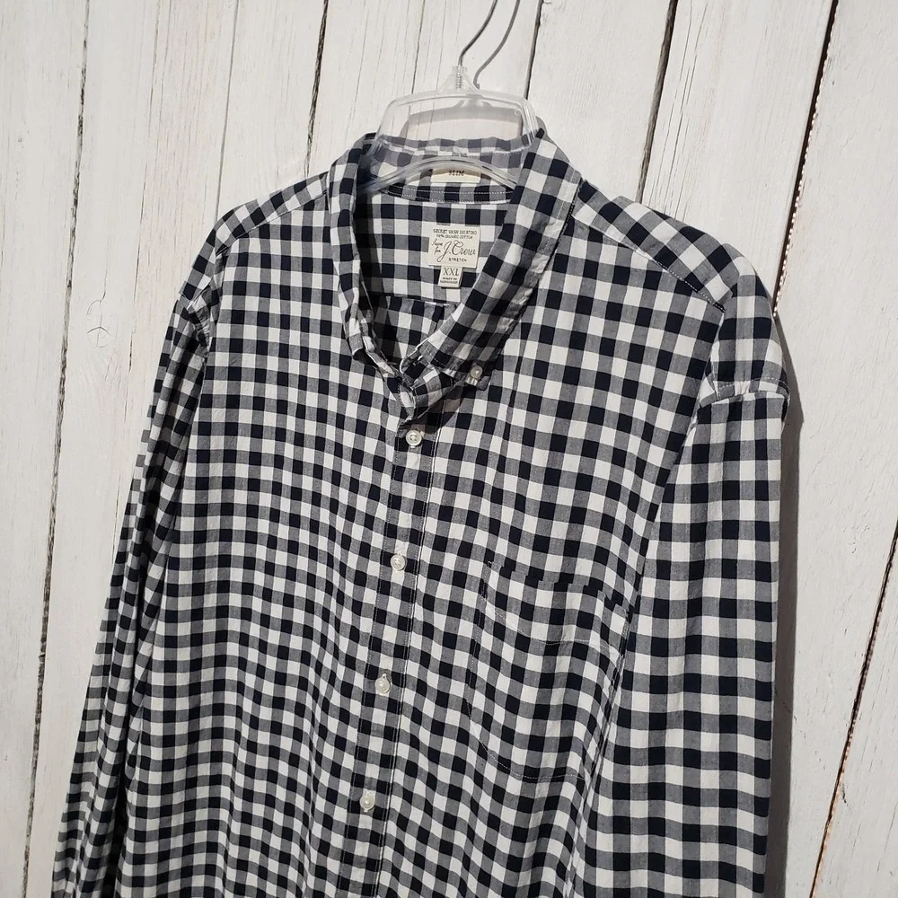 J Crew XXL Men's Button Shirt Black White Plaid Long Sleeve Secret Wash Slim Fit